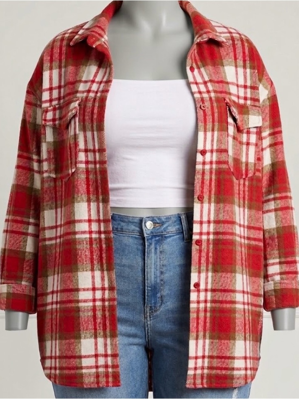 Women's Red Plaid Utility Shacket with Chest Pockets